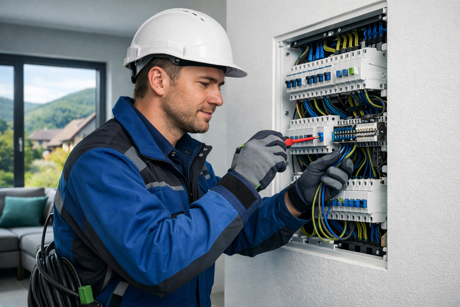 Électricien professionnel AB Électricité à Strasbourg travaillant sur un tableau électrique